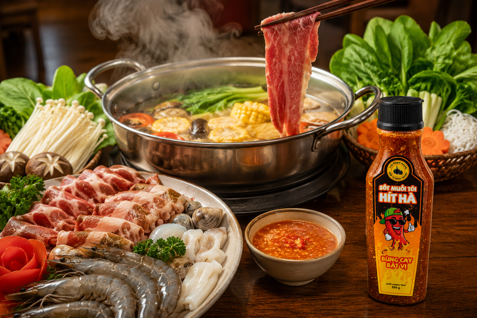 Nồi lẩu nghi ngút khói cùng chai Sốt Muối Tỏi Hít Hà