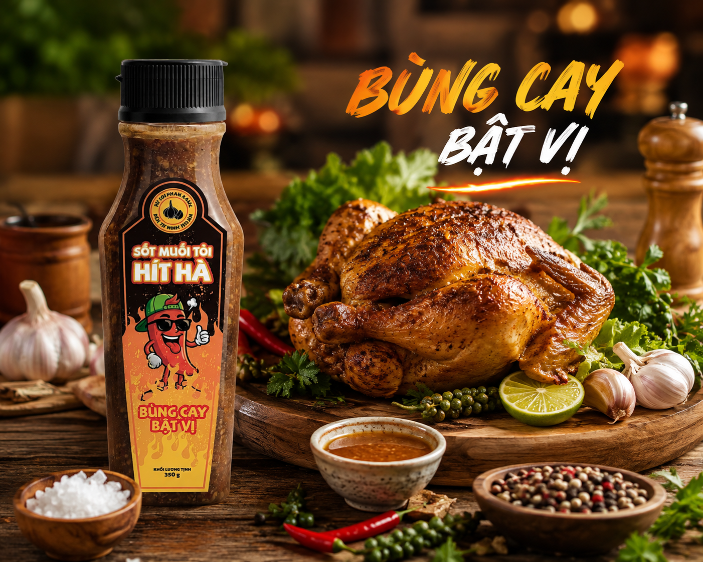 Sốt muối tỏi Hít Hà chấm cùng gà nướng nguyên con