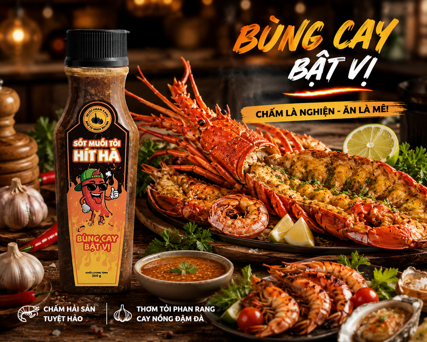 Sốt muối tỏi Hít Hà chấm cùng tôm hùm, tôm và hàu nướng